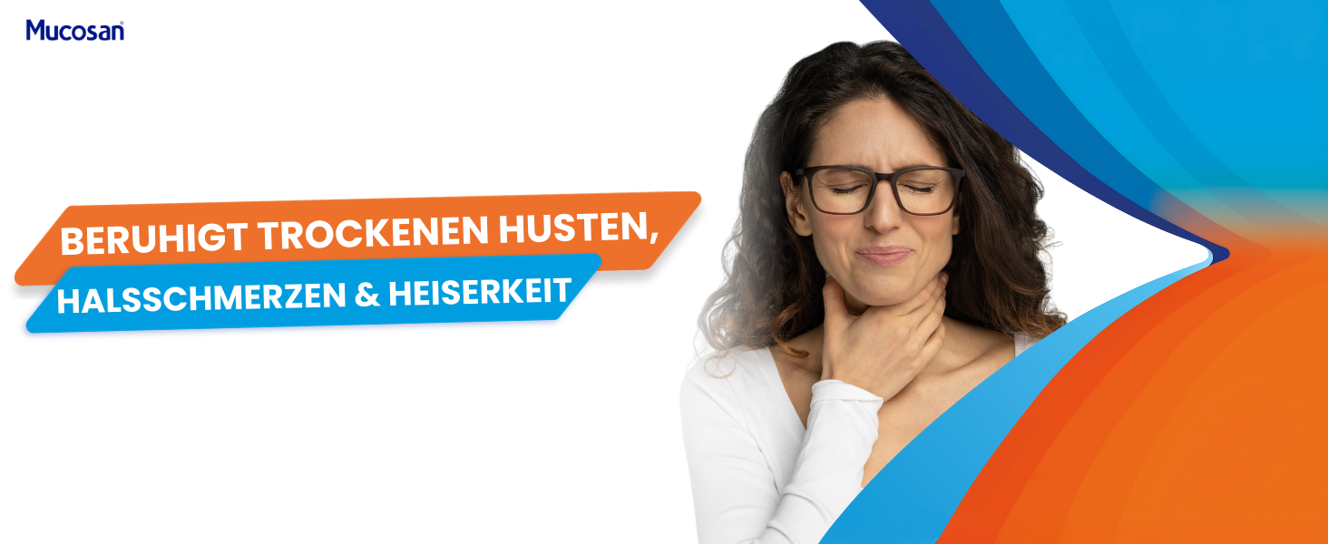 Frau mit Brille hält sich den Hals. Text: Beruhigt trockenen Husten, Halsschmerzen & Heiserkeit.